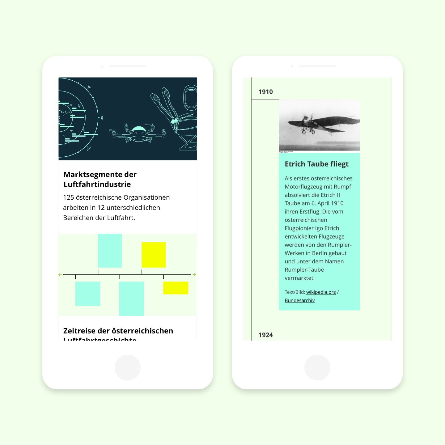 Teaser elements and time travel element on mobile devices of the platform open4aviation.at. 