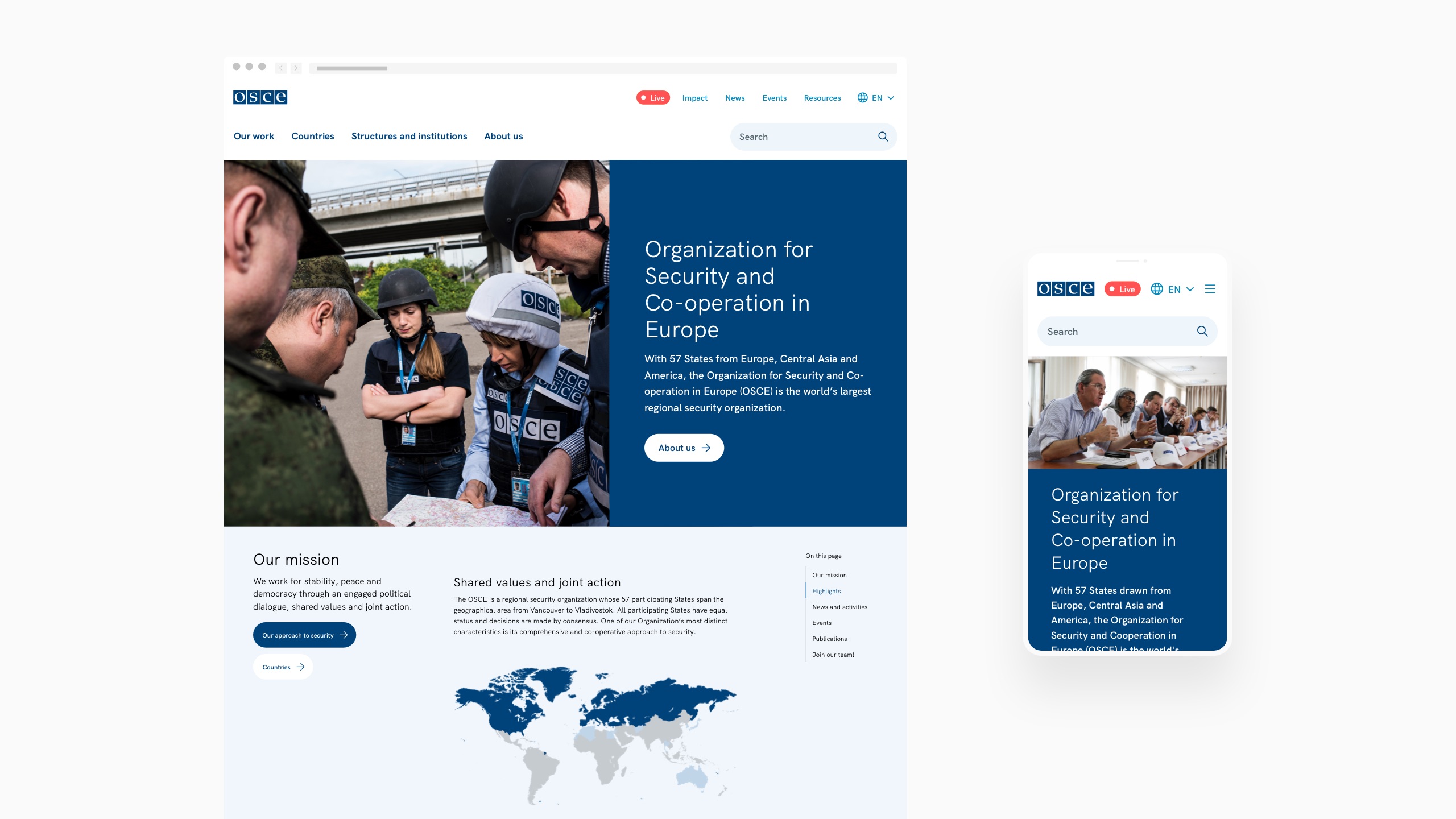 OSCE website homepage shown on desktop and mobile devices with a large hero image and introductory text.