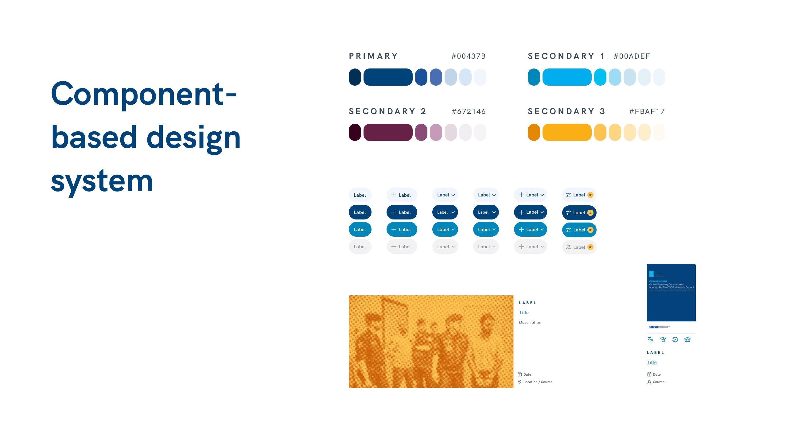Text reading “Component-based design system” with colour palettes and UI component examples.