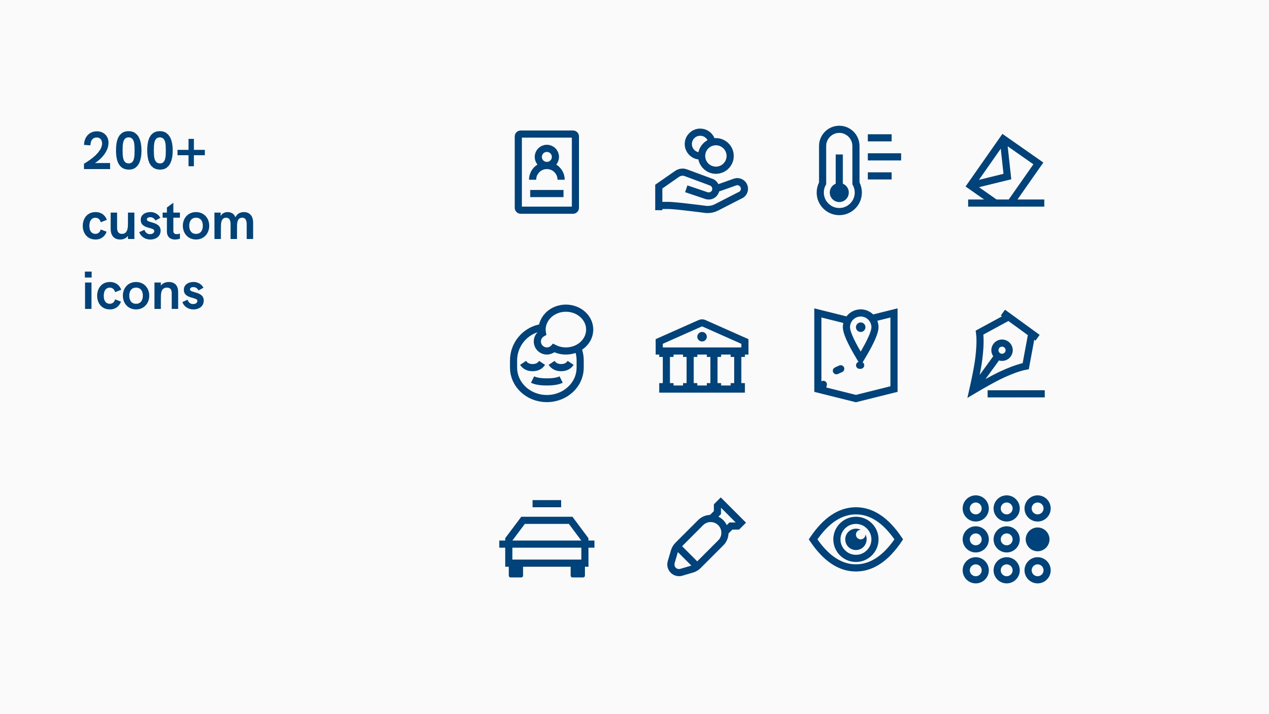 Text reading “200+ custom icons” with a grid of blue line-style icons.
